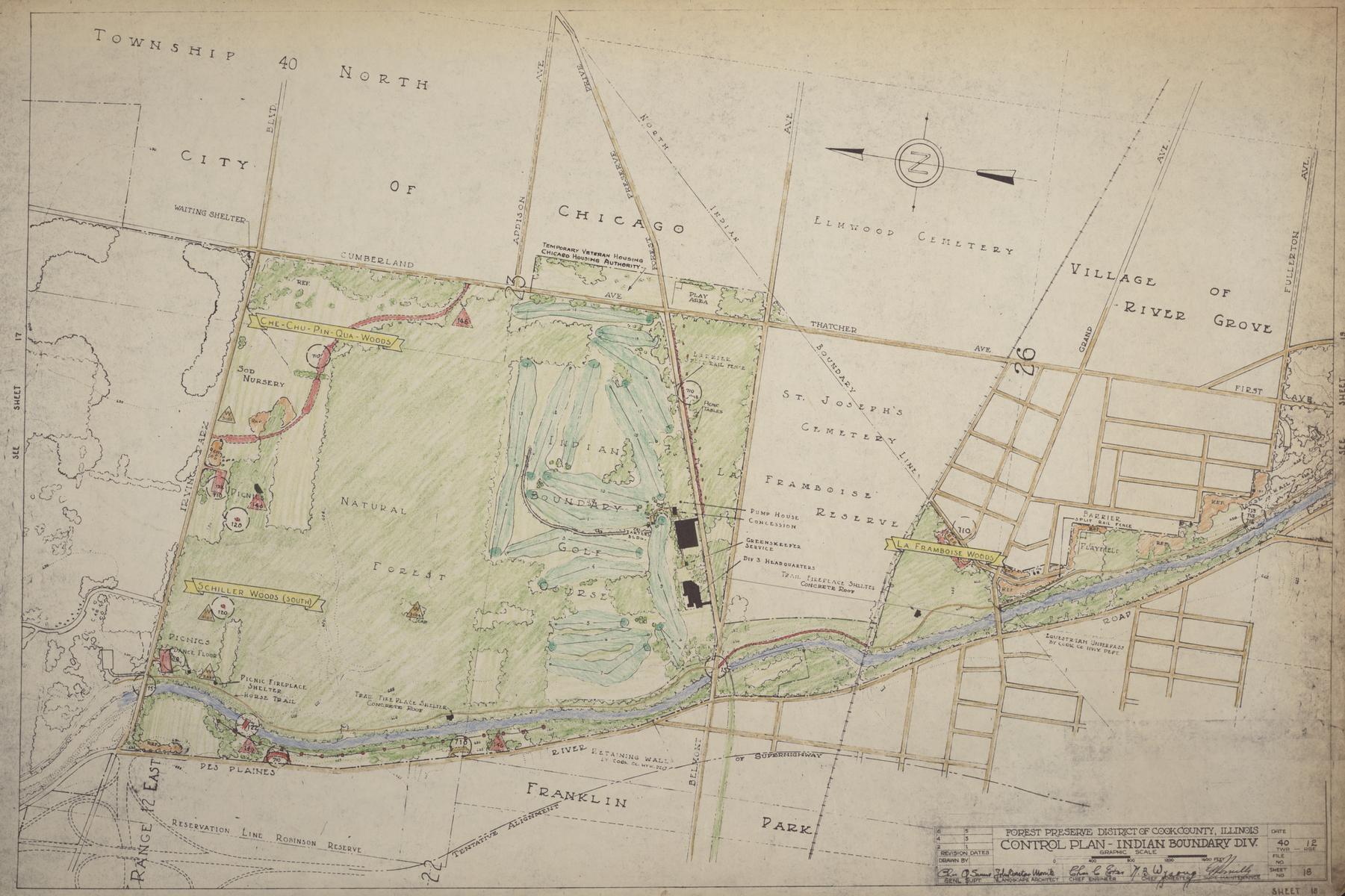 Hand Drawn and Colored Print of Schiller Woods South circa
1940s