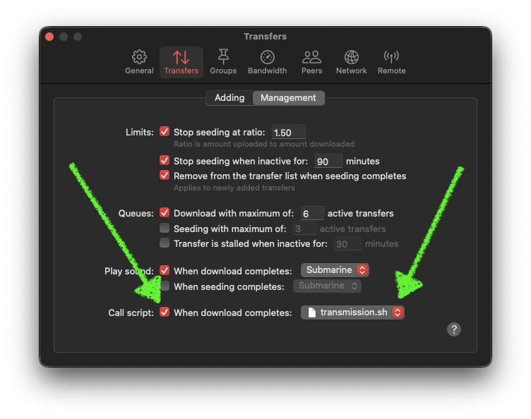 Check the 'Call script' box and select your shell script in the file selector Check the 'Call script' box and select your shell script in the file selector